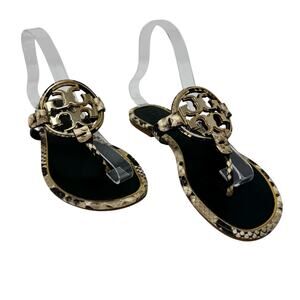 TORY BURCH Black Tan Reptile Snake Gold Metallic Metal Miller Sandal Size 8.5